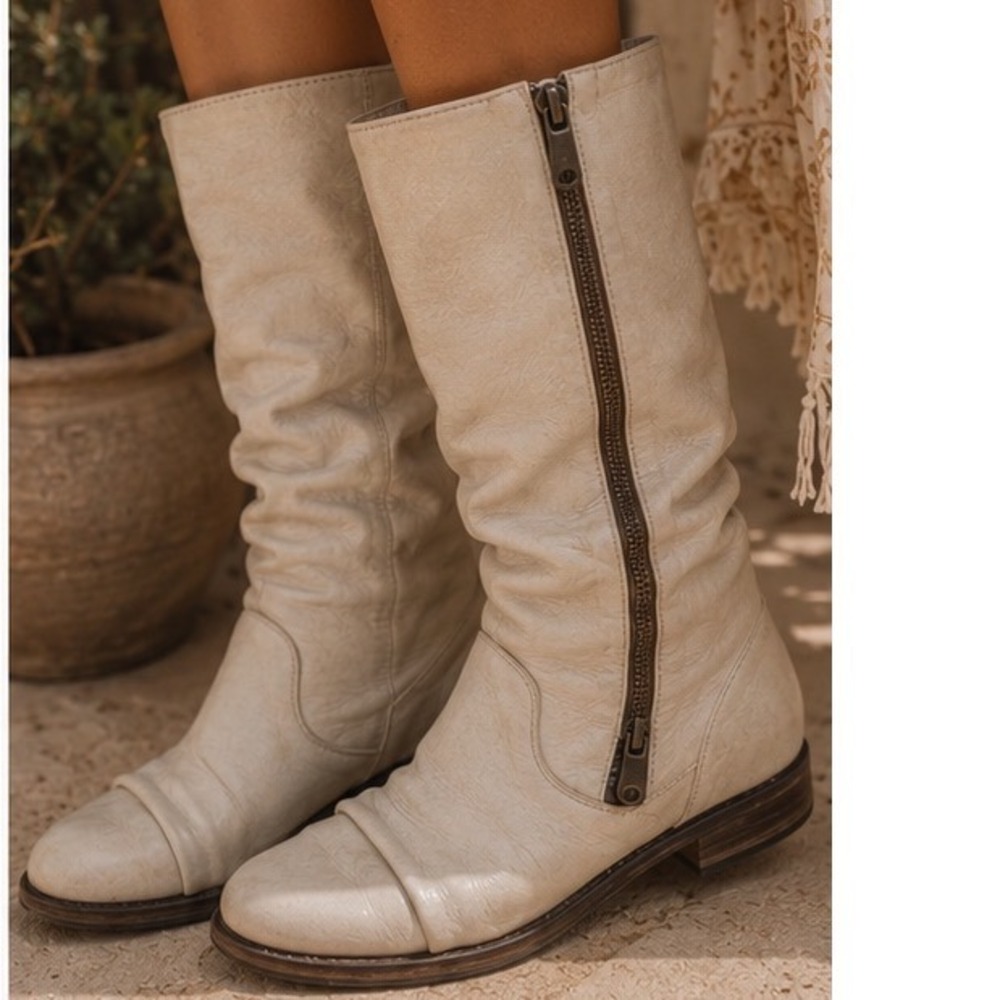 Steve Madden Linderr Cream Leather Tall Slouchy Boots Bone Off White Boho - Picture 2 of 15